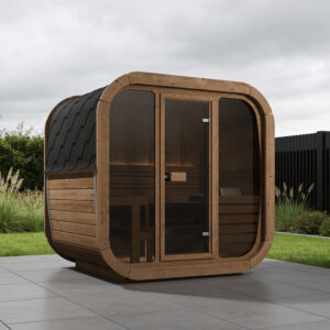Sauna ICON 160 Thermowood outdoor cube sauna with full glass front in a landscaped garden patio setting